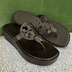 Tory Burch Wedge Miller Sandals Size 6.5 Perfect Black Retail $275